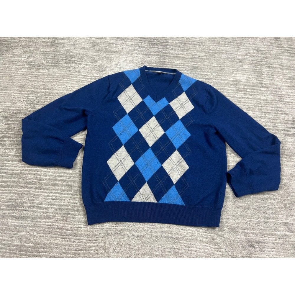 Banana Republic Sweater Mens L Blue Argyle V-Neck Extra Fine Merino Wool Preppy